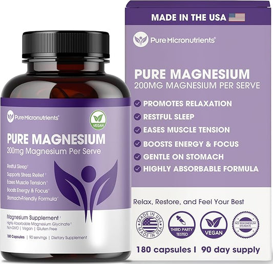 Pure Magnesium Glycinate Supplement – Highly Absorbable Chelated Magnesium for Sleep, Muscle & Nerve Health, Energy, Relaxation & Bone Health – 200mg Per Serving, 180 Capsules