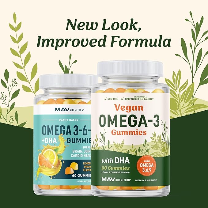 Omega 3 6 9 + DHA Gummies | Plant-Based Triple Omegas from Algae, Flaxseed & Safflower Oil | 50mg of DHA | Vegetarian, Non-GMO, Gluten-Free, Essential Fatty Acid Supplements for Adults | 60 Gummies