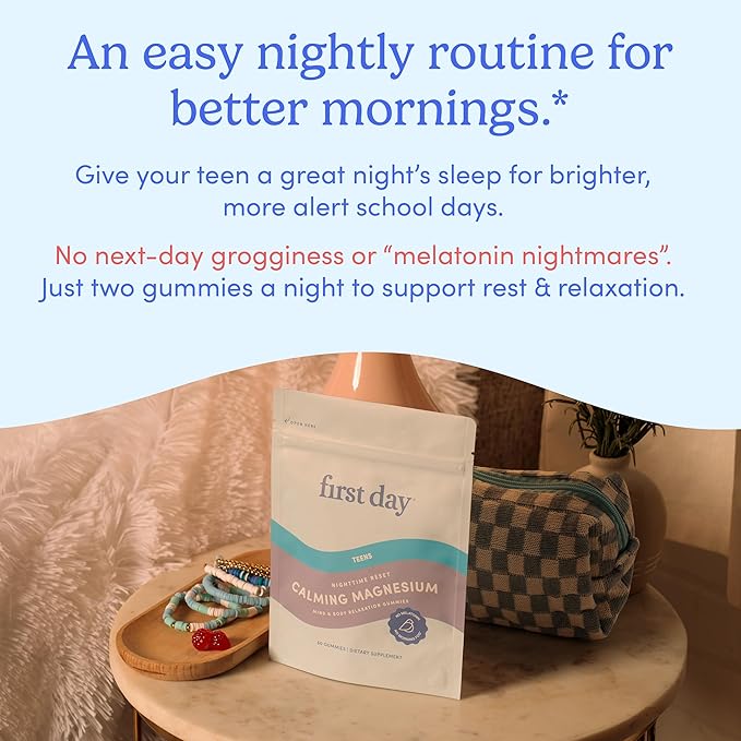FIRST DAY Teens’ Nighttime Reset Calming Magnesium Gummies – Sleep Aid Supports Peaceful Rest, Balanced Mood & Energy – Supplement with Magnesium Citrate, Affron & No Melatonin – 60-Day Supply