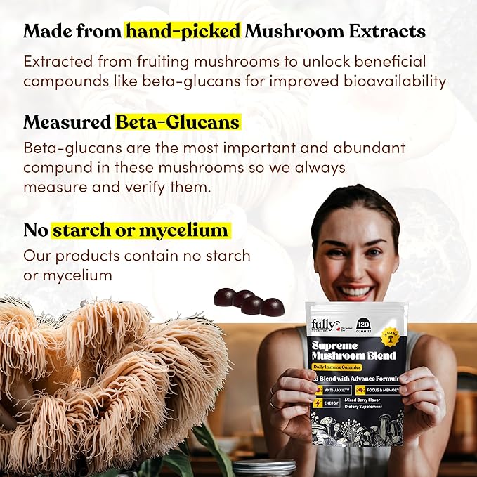 16 Blend Mushroom Gummies - Mushroom Gummies for Adults, Mushroom Supplement with Chaga, Lions Mane, Reishi, Cordyceps for Focus & Clarity, Supports Microdosing Mushrooms - Mixed Berry