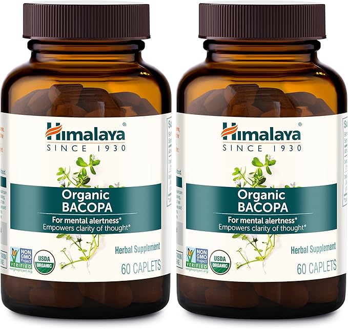 Himalaya Organic Bacopa Monnieri Nootropic Herbal Supplement, Mental Alertness, Supports Calm, Memory, Cognition, USDA Organic, Non-GMO, 750 mg, 60 Plant-Based Caplets, 2 Pack, 120 Day Supply