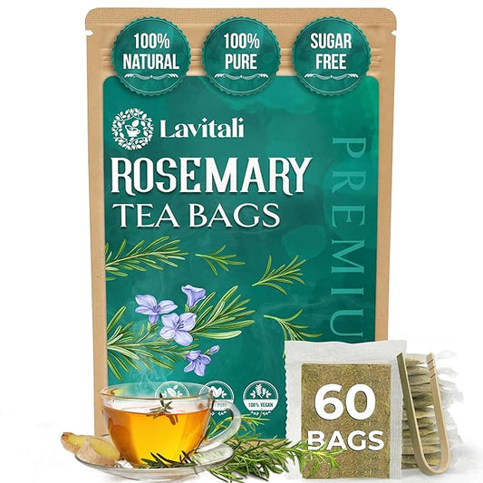 Lavitali, Rosemary Leaves Tea Bags | 60 bags, 100% Pure Herbal Tea | Caffeine-Free, No Sugar, Eco-Friendly Filter Bags | Daily Natural Botanical, Hot or Iced Herbal Infusion
