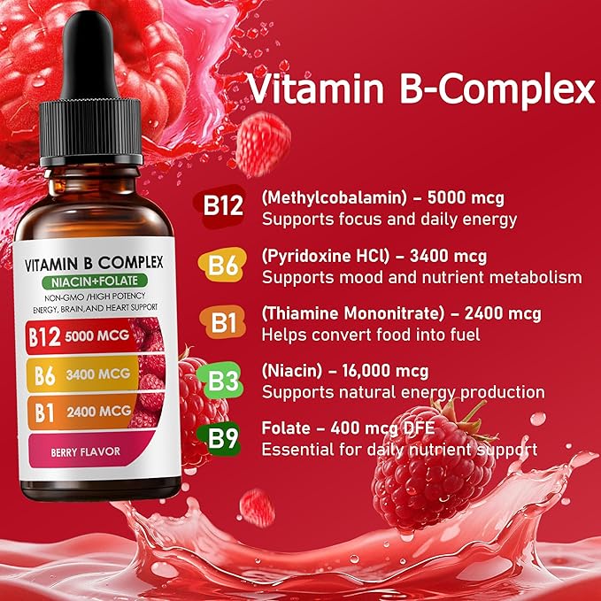 Vitamin B Complex | B12 B6 B1 B3 B9, Essential Vitamin Liquid Drops for Immune & Energy Metabolism, Brain & Heart Support, Raspberry Flavor 2fl oz
