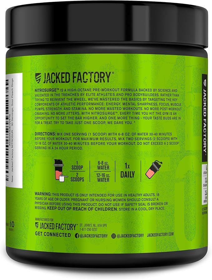 Jacked Factory NITROSURGE Pre Workout Supplement - Endless Energy, Instant Strength Gains, Clear Focus, Intense Pumps - NO Booster & Powerful Preworkout Energy Powder - 30 Servings, Sour Peach Rings