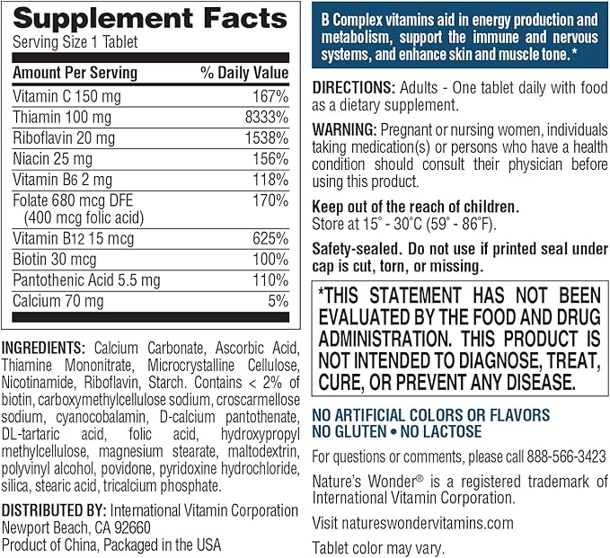 Nature's Wonder Super B Complex with Vitamin C, Vitamin B12, & Folic Acid – Supports Energy Metabolism, Immune Function, Nervous System, Skin & Muscle Health, 150 Tablets