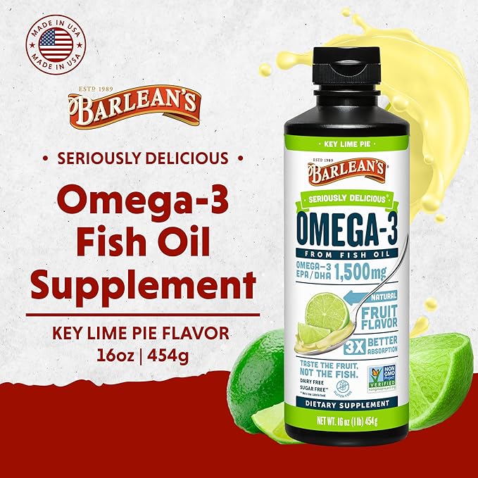 Barlean's Organic Oils Seriously Delicious Omega-3 High Potency Fish Oil, Key Lime Pie, 16 Fl Oz