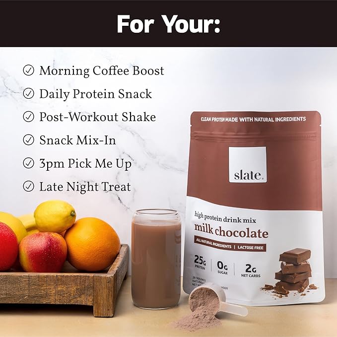 Slate Milk -High Protein Drink Mix Powder-Milk Chocolate,28 Servings Bag-Lactose Free,25g Protein,0g Sugar,110 Calories,2g Net Carbs,All Natural Ingredients-Breakfast Boost -Post Workout - 2.04 lbs