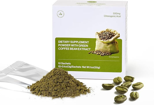 YVIP Green Coffee Bean Extract Powder 3g - Rich of Chlorogenic Acid, Antioxidant-Rich, Lower Caffeine, Clean & Pure, with Polydextrose, Supports Digestion, Metabolism & Blood Sugar (10 Count)