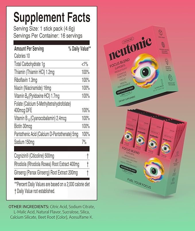 Neutonic Nootropic Focus Blend Powder | Watermelon Mint 16 Sticks | Caffeine Free, Zero Sugar | Support Memory, Mental Clarity, Cognitive Function | Boost Focus, Energy, Brain Health