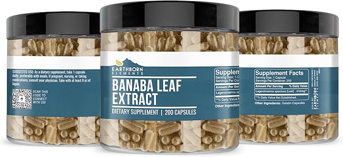 Earthborn Elements Banaba Leaf Extract 200 Capsules, Pure & Undiluted, No Additives
