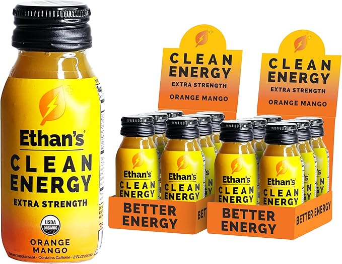 Ethan's Organic Clean Energy Shots Orange Mango, Sugar Free Natural Pre-Workout Focus Boost, Gluten Free, Vegan, B6 & B12 Vitamin C with Green Tea Extract and Guayusa (12 Pack of 2oz Shots)