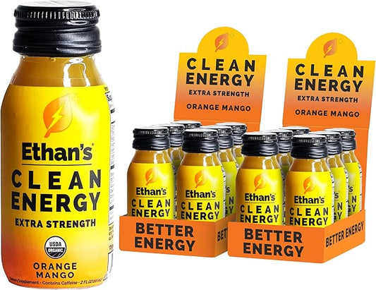 Ethan's Organic Clean Energy Shots Orange Mango, Sugar Free Natural Pre-Workout Focus Boost, Gluten Free, Vegan, B6 & B12 Vitamin C with Green Tea Extract and Guayusa (12 Pack of 2oz Shots)