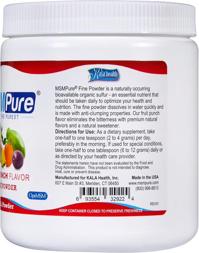 KALA HEALTH MSMPure Fast Dissolving Fruit Punch Flavored Fine MSM Powder Crystals – US-Made MSM for Joint Health, Skin Appearance, and Hair & Nail Support – 1 lb, Organic Sulfur