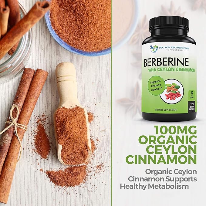DOCTOR RECOMMENDED SUPPLEMENTS Berberine with Ceylon Cinnamon - 1200mg Berberine & 100mg Organic Ceylon Cinnamon - 120 Veggie Capsules, Healthy Immune System & Gastrointestinal Wellness