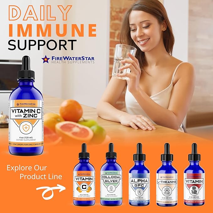 FWS Liquid Vitamin C with Zinc Supplement for Adults and Kids, Organic, Non-GMO, Vegan, Easy VIT C Drops, Ascorbic Acid, 60 Day Supply, Supports Immune System and Skin Health, Essential Vitamin, 4 oz