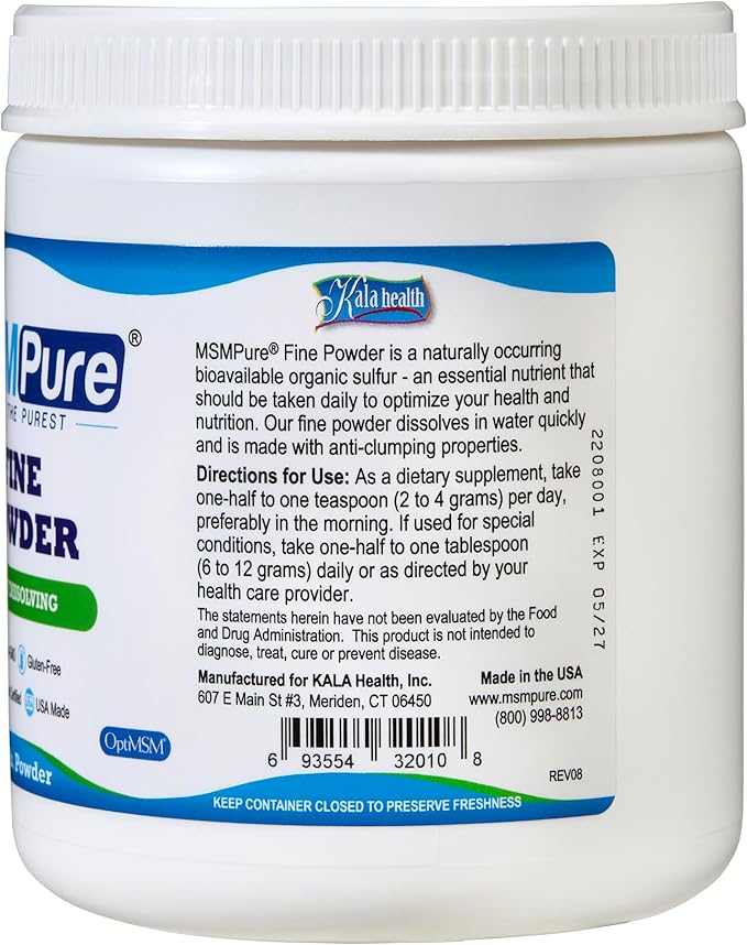 KALA HEALTH MSMPure Fast Dissolving Fine MSM Powder Crystals – US-Made MSM for Joint Health, Skin Appearance, and Hair & Nail Support – 1 lb, Organic Sulfur