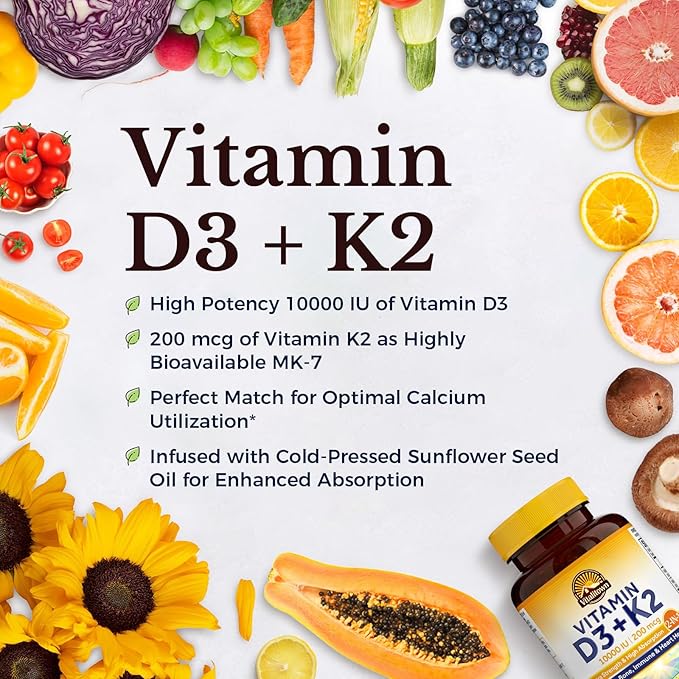 Vitalitown Vitamin D3 K2 Supplement, Vitamin D3 10000 IU Vitamin K2 (MK7) 200 mcg, 90 Softgels, Non-GMO, No Gluten & Soy, for Bone, Teeth, Immune & Heart Health