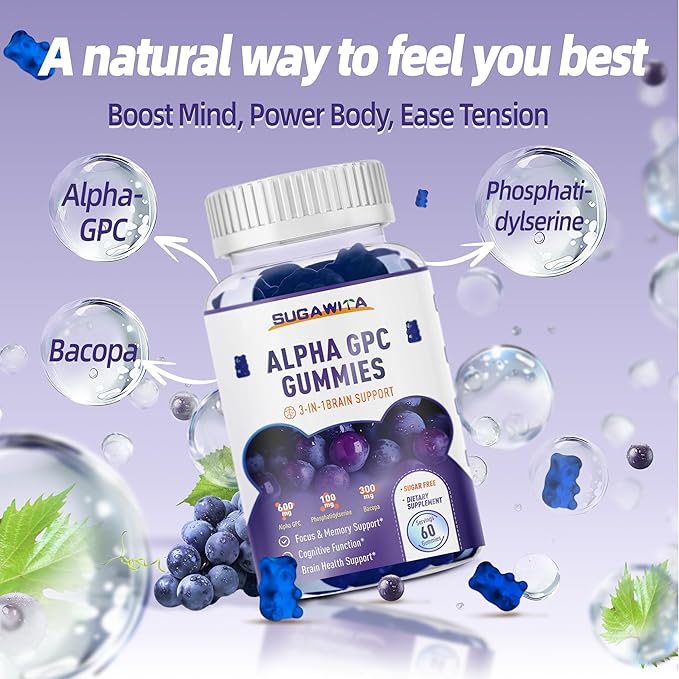 Alpha GPC Choline Gummies 600mg with Phosphatidylserine & Bacopa – 3-in-1 Brain Support for Memory, Focus & Long-Term Cognitive Health – Sugar-Free, Natural Formula, 60 Count