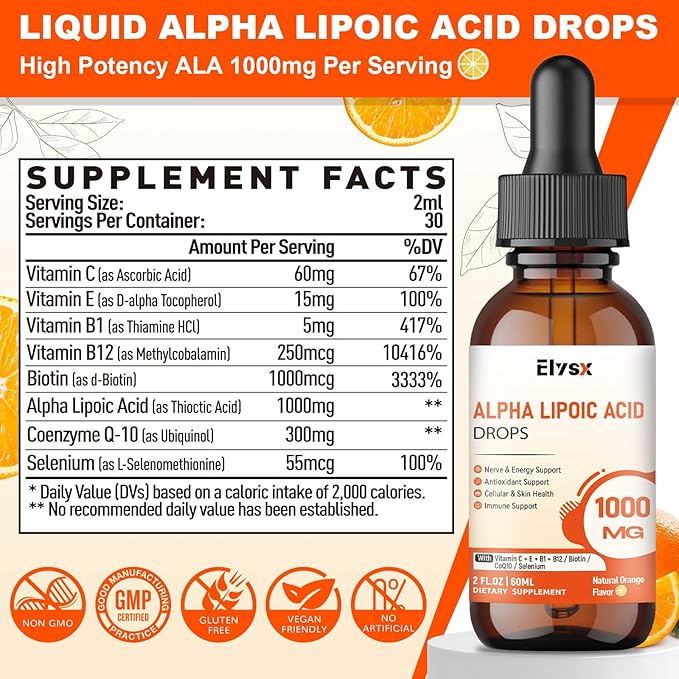 Alpha Lipoic Acid Liquid Drops 1000mg, ALA Supplement for Nerve and Antioxidant Support with Biotin, Natural Orange Flavor, 2FL OZ