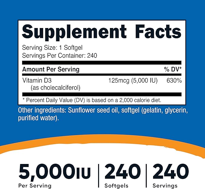 Nutricost Vitamin D3 5,000 IU, 240 Soft Gel Caps (2 Bottles)