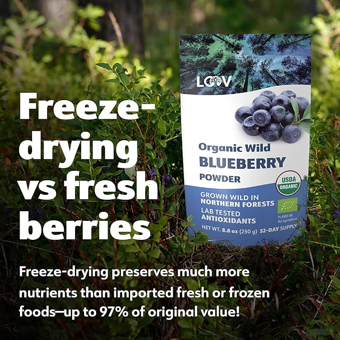 LOOV Organic Wild Blueberry Powder - 41-Day Supply, 8.8 Oz, Good for Smoothie & Breakfast, Freeze-Dried, from Northern Europe, No Added Sugar
