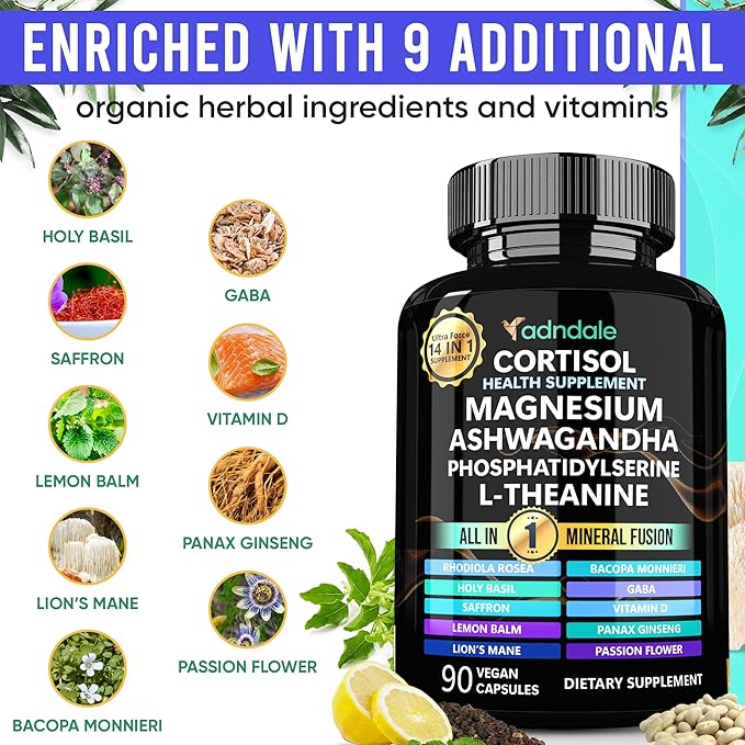 Adndale Cortisol Supplements for Women. Cortisol Manager 14-in-1 Ashwagandha Supplement with Magnesium Glycinate, L-Theanine & More. Support Stress Management & Stamina. 90 Capsules.