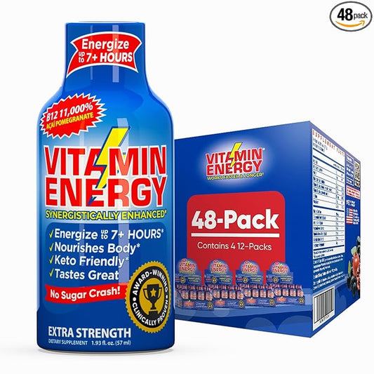 Vitamin Energy B12 11,000% Extra Strength Energy Shot Açaí Pomegranate 48 Pack, 260mg Natural Caffeine, B12 & B6, Nootropic Focus, Vitality, Zero Sugar, Gluten-Free, Vegan, Kosher, 1.93 fl oz