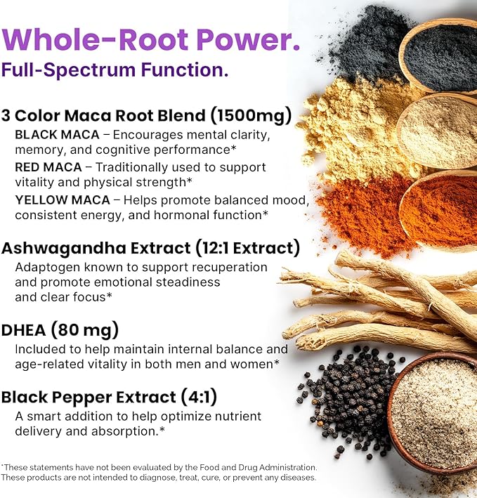 6-in-1 Organic Maca Root Ashwagandha Capsules 1710mg with DHEA and Black Pepper Fruit Extract for Women and Men - Black Maca Supplement for Stamina, Bone and Mood Support Supplement, 120ct (Pack of 2)