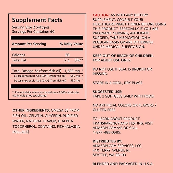 Amazon Elements Super Omega-3, EPA & DHA Omega-3 fatty acids (1280 mg per Serving, 2 Softgels), Natural Lemon Flavor, 120 Count (Packaging may vary)