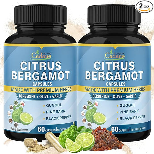 Organic Cadane 2 Packs Citrus Bergamot Extract Capsules with Berberine, Olive, Guggul, Garlic, Pine Bark, Black Pepper | 4 Months Supply
