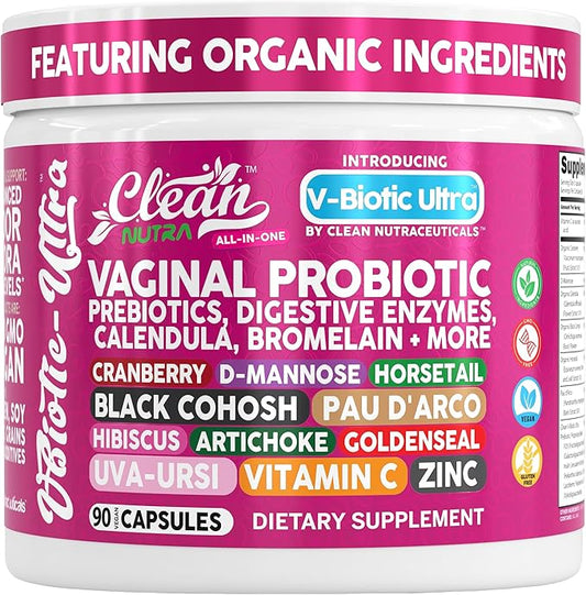 Clean Nutra Vaginal Probiotics for Women + Prebiotics Digestive Enzymes Bromelain Cranberry D Mannose Horsetail Black Cohosh Artichoke Hibiscus Flowers Probiotic for Digestive Health 90 Vegan Capsules
