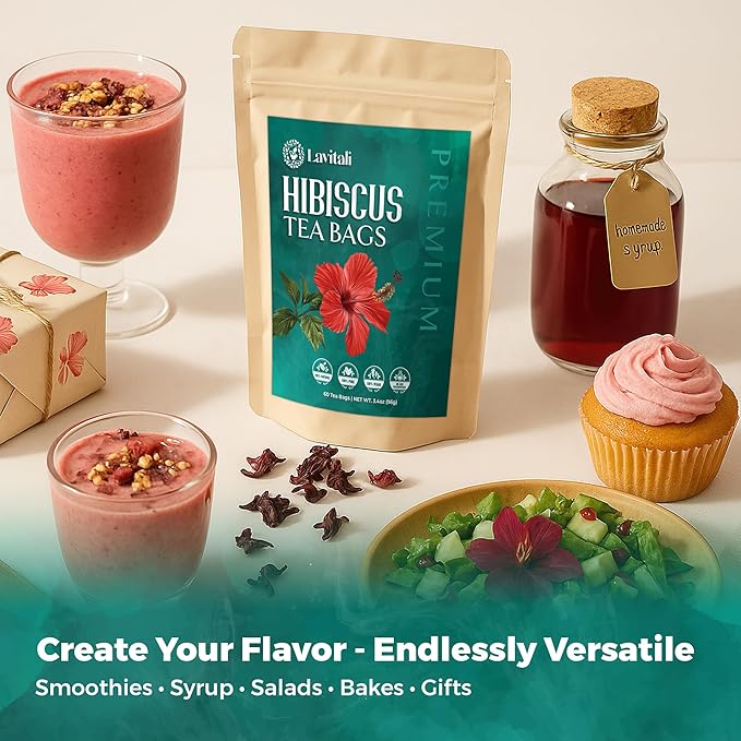 Lavitali, Hibiscus Tea Bags | 60 bags, 100% Pure Herbal Tea | Caffeine-Free, Antioxidant-Rich, Eco-Friendly Filter Bags | Daily Natural Botanical, Hot or Iced Floral Infusion