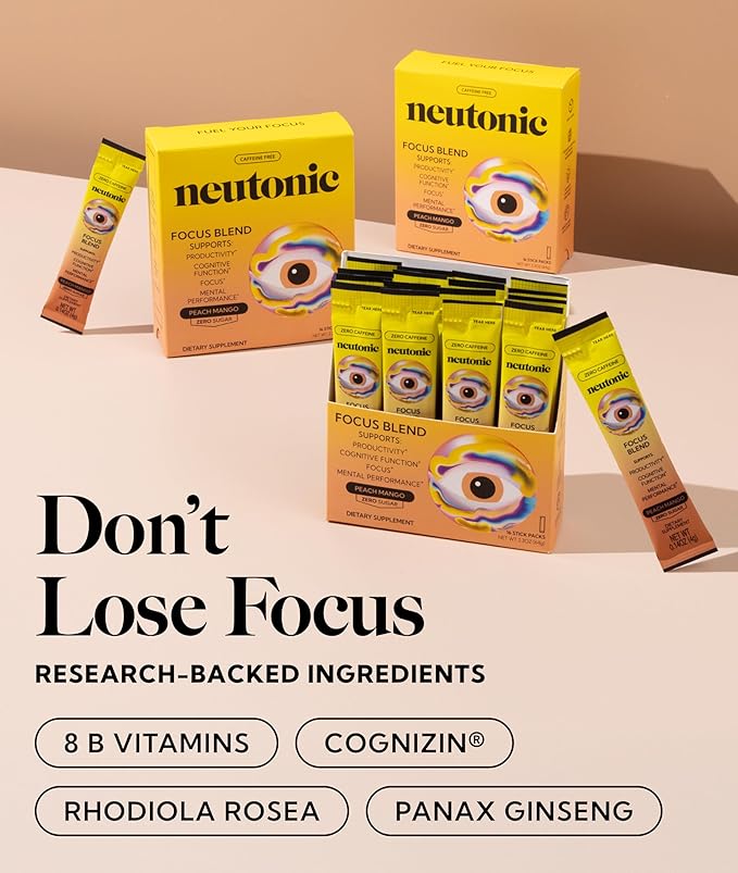 Neutonic Nootropic Focus Blend Powder | Peach Mango 16 Sticks | Caffeine Free, Zero Sugar | Support Memory, Mental Clarity, Cognitive Function | Boost Focus, Energy, Brain Health