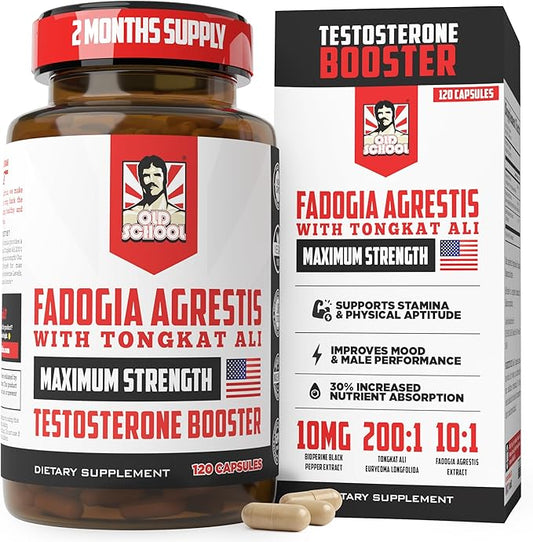 Old School Labs Testosterone Supplement for Men – Fadogia Agrestis 1500mg Max Potency + Tongkat Ali & BioPerine® – Muscle Growth, Recovery, Drive & Stamina – 120 Caps, 40 Servings