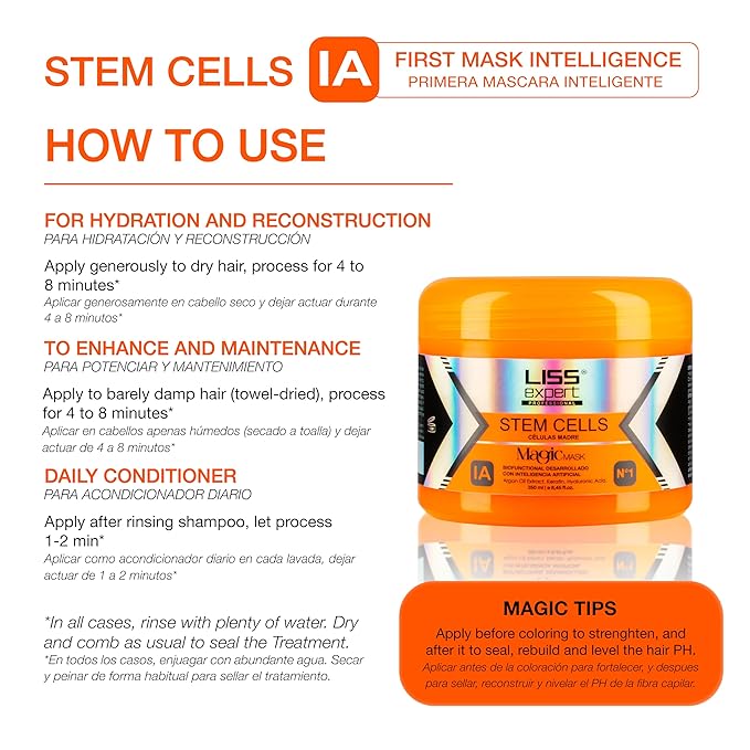 Liss Expert Stem Cells Smoothing Treatment 8.45 oz (ONE shoulder length app) and Magic AI Mask, 8.45 oz Set Hyaluronic Acid, Collagen, Argan Oil, Keratin and Stem Cells for after care SET (3, 8.45)
