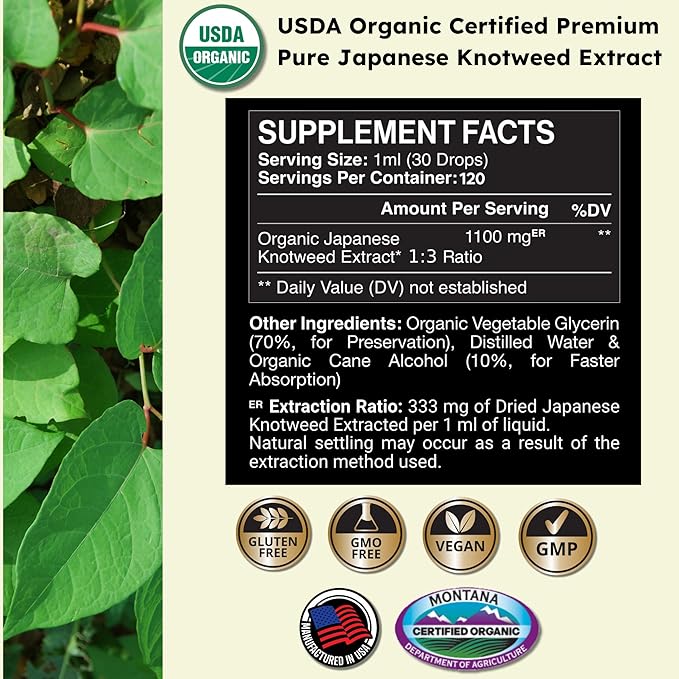Japanese Knotweed Premium Resveratrol USDA Organic 3rd Party Tested Tincture 120ml/4oz - 1:3 Clinical Strength Ratio - Tick Wellness Aid and Immune Support Supplement - Made in The USA
