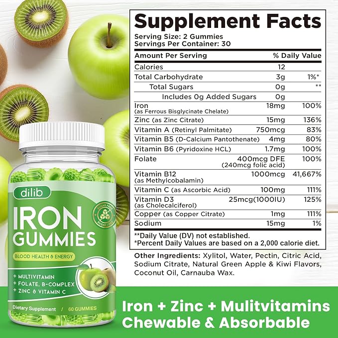 Iron Gummies with Multivitamin, Iron Supplement for Women & Men with Zinc, Vitamin B Complex & C, B12, Folate - Blood Builder & Energy Support for Adults & Kids - Green Apple & Kiwi Filled Gummies