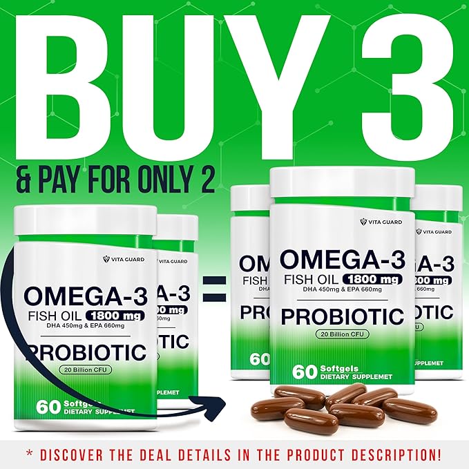 Omega-3 Fish Oil with Probiotics – 1800mg Fish Oil, 660mg EPA, 450mg DHA – Heart, Brain & Gut Support – 20 Billion CFU – Lemon-Flavored Burpless Softgels – Non-GMO, Gluten-Free