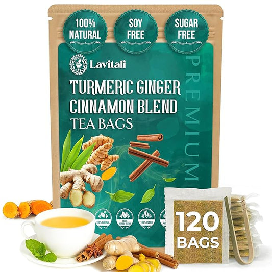 Lavitali, Ginger Turmeric Cinnamon Tea | 120 bags, 100% Pure Herbal Tea | Caffeine-Free, No Sugar, Eco-Friendly Filter Bag | Daily Natural Botanical, Hot or Iced Herbal Infusion