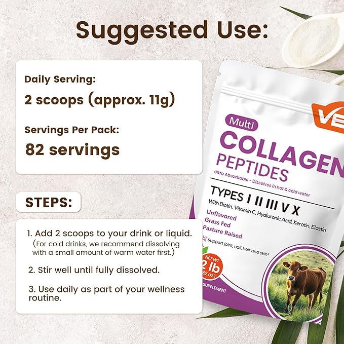 VEV Multi Collagen Peptides Powder Complex (I, II, III, V, X) 2LB – No Flavor, Hydrolyzed Protein Peptides, Elastin, Keratin