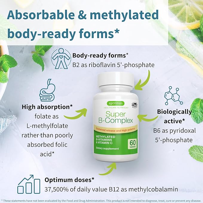 Igennus Super B-Complex Methylated B Vitamins, All Day Nutrient Delivery, Clean Label, MTHFR Supplement with Methylfolate & B12 Methylcobalamin, Vegan, Lab Verified, 60 Small Tablets