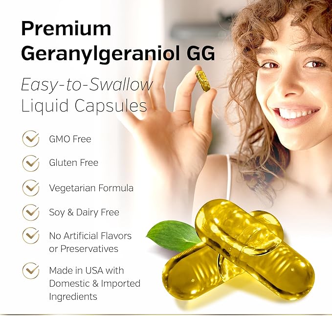 Sunergetic Premium Geranylgeraniol Supplement - GG-Gold 150mg with DeltaGold Vitamin E Tocotrienols- Annatto Derived GG for Statin Users, Heart Health & CoQ10 Production - 60 Capsules