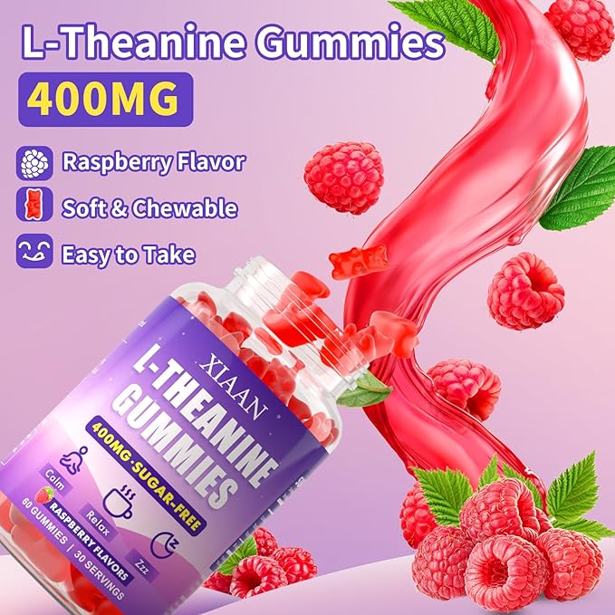 L-Theanine Gummies for Kids & Adults, L'Theanine 400mg Chewable L Theanine Supplement for Calm, Zzz & Relaxation Support, Vegan, Organic, Raspberry Flavor, 120 Counts
