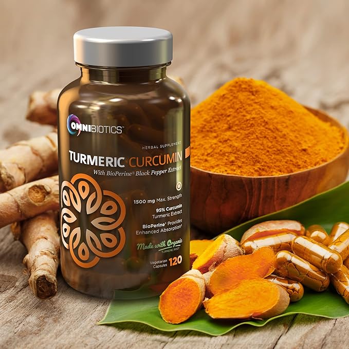 OmniBiotics Organic Turmeric Curcumin Supplement with Black Pepper Extract – 1500mg Turmeric with 95% Curcuminoids & BioPerine, High Absorption for Joint Support – 120 Vegan Capsules