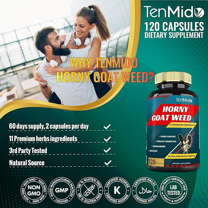 Horny Goat Weed Capsules & Ginseng, Tribulus, Ashwagandha, Maca, Tongkat and More - 120caps