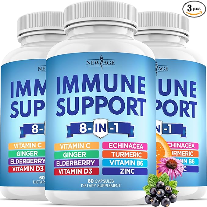 8 in 1 Immune Support Booster Supplement with Echinacea, Vitamin C and Zinc 50mg, Vitamin D 5000 IU, Turmeric Curcumin & Ginger, B6, Elderberry (8 in 1 Capsules (Pack of 3))