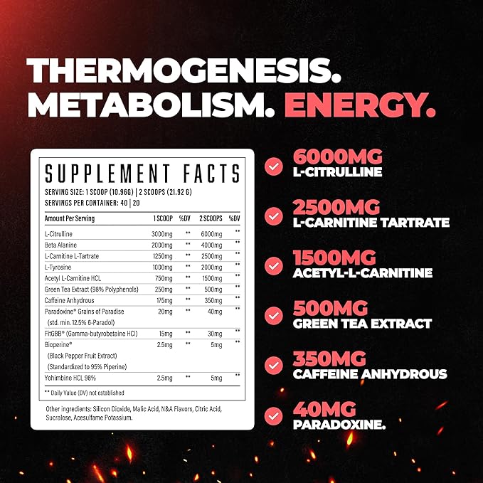 Wrecked Inferno - Thermogenic Pre Workout For Men & Women, Increase Energy, Boost Thermogenesis & Metabolism, Enhance Exercise Performance - Contains L-Citrulline, L-Carnitine, Beta-Alanine & More