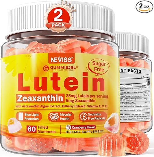 2 Pack Lutein and Zeaxanthin Supplements Gummies (25mg) Vitamins A, C, E, Bilberry, Astaxanthin - Coconut Oil for Better Absorption - for Adults & Teens Vision, Eye, Brain, Skin - Vegan, Sugar Free