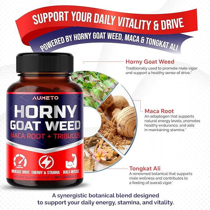 Horny Goat Weed Supplement with L-Arginine Tribulus Terrestris Maca Root Tongkat Ali - Male Energy, Strength and Memory Support (90 Count (Pack of 1))