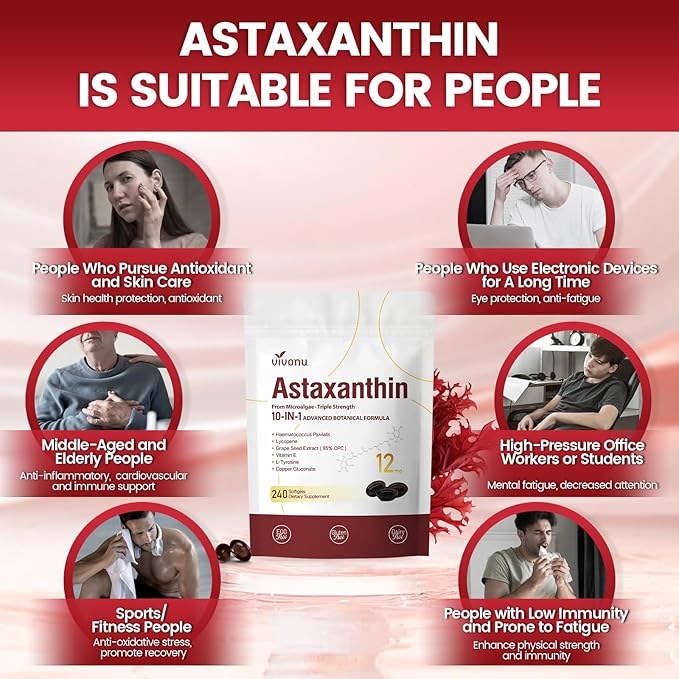 Astaxanthin 12mg, 720 Softgels, Fresh Haematococcus Pluvialis 10 in 1 Astaxanthin Antioxidant Supplements, Contains Lycopene, Grape Seed, Vitamin E, Supports Eye Joints Skin Health, 3Bag